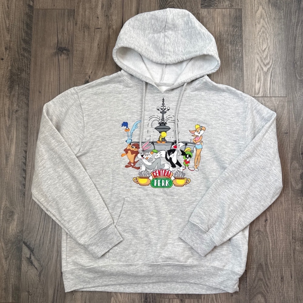 Looney Tunes‎ Central Perk Hoodie Sweatshirt Grey Graphic Print WB 100 XXL